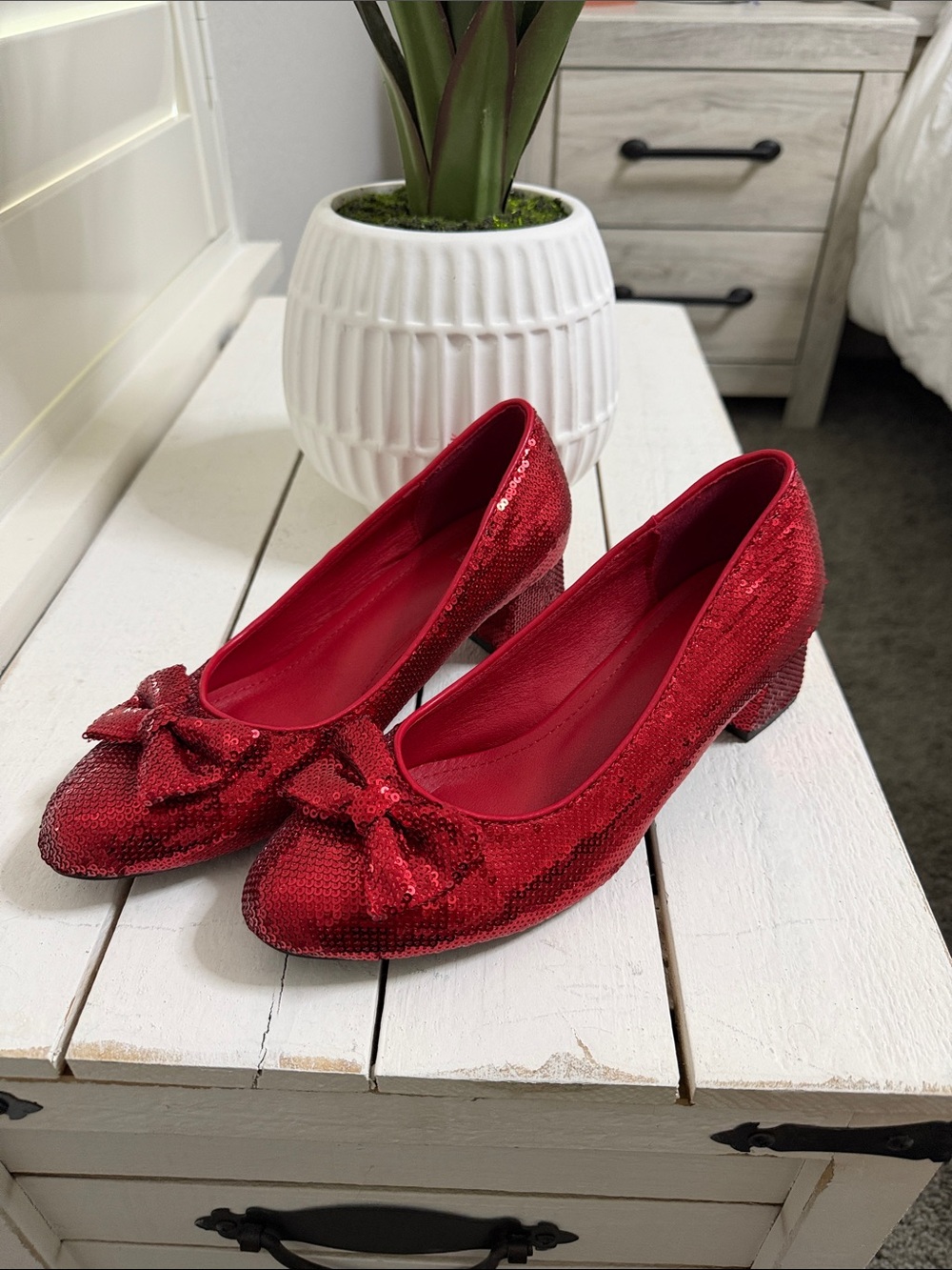 Spirit Red Sequin Bow Low Block Heels - Women's